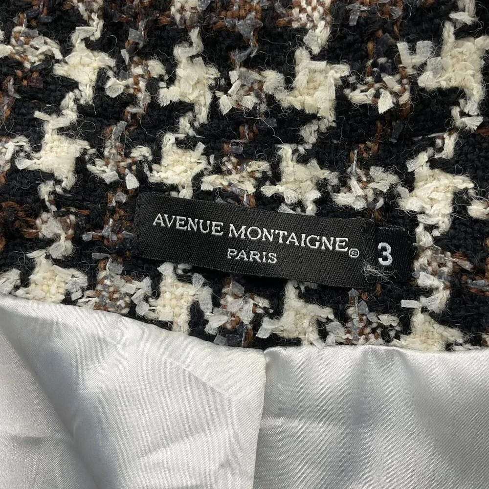 Avenue Montaigne Paris Brown Black Houndstooth Tweed Wool Blend Fringe Jacket 3